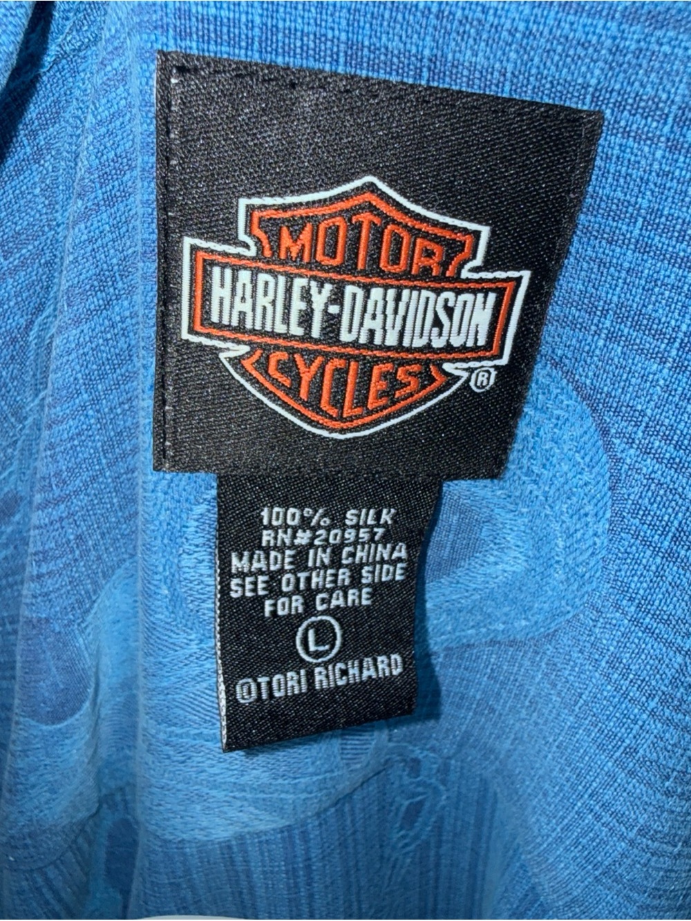 Harley Davidson Shirt Men’s L Blue Silk Tori Richard Motorcycle Graphic Vintage - Picture 5 of 10